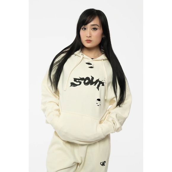 Independent Trading Company Tops - ✨Olivia Rodrigo Sour Tour Cream Distressed Hoodie Fairy Art Wings‎ Pullover Sz M